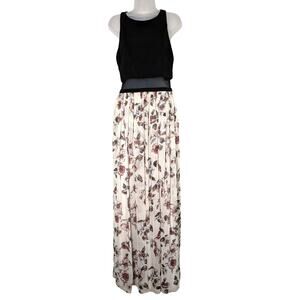 Eva Brazzi Black Floral Maxi Dress Racerback Sleeveless Long Sheer Waist Size 4
